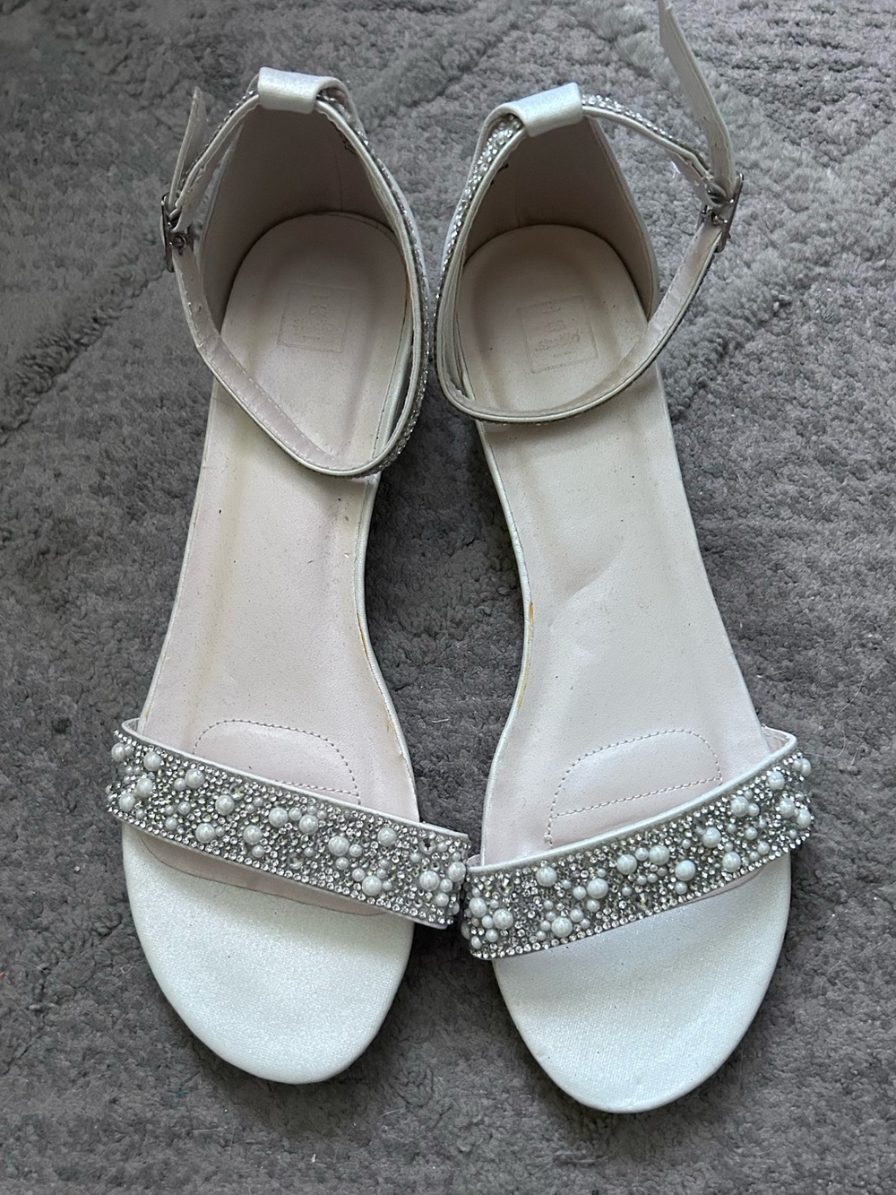 David's Bridal White Pearl & Crystal Ankle-Strap Sandals